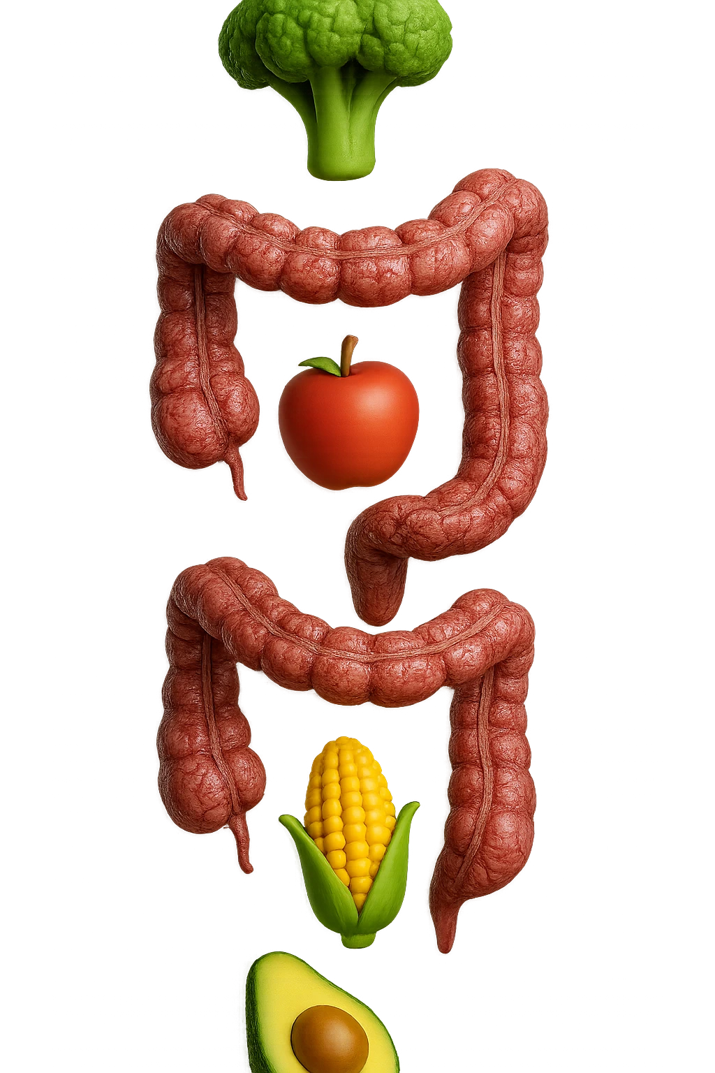 emoji stile iphone in 3d di cibo sano che fluttua in aria vericalmente insieme a pezzi di colon umano anatomico, iperrealistico 4k emoji