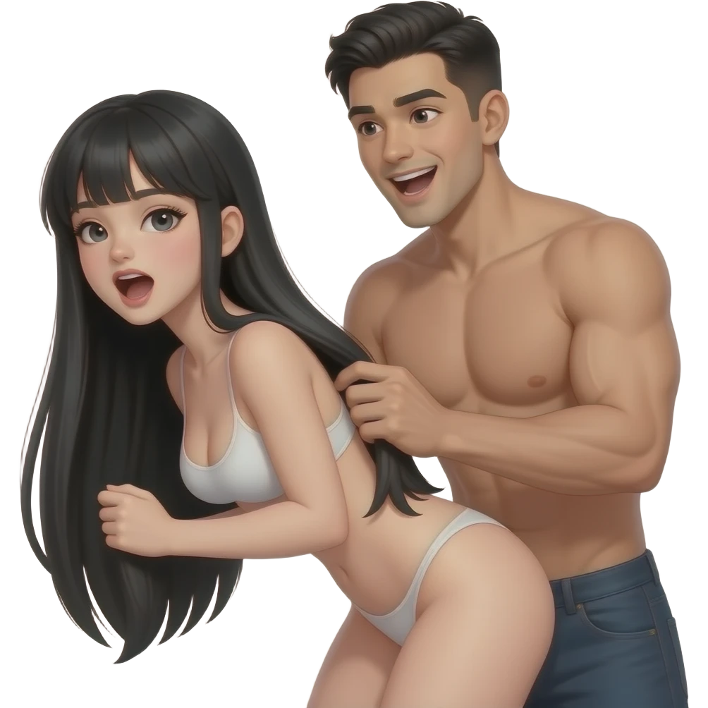 skinny white girl with long straight black hair nude in doggy style, slightly tanned slim guy short black hair average build grabbing her hair from behind explicit penetration, he looks excited, she moans in pleasure, both naked, realistic emoji