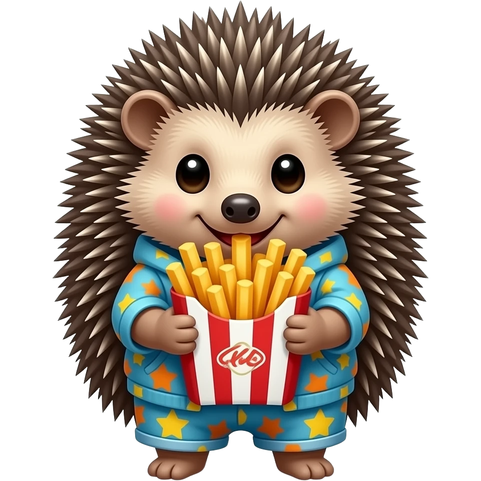 cute Hedgehog wearing funky cloth and stuffing big French Fries, front facing emoji