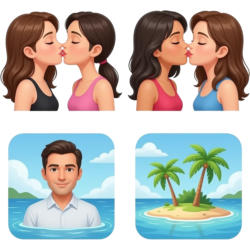 Two lesbian women kissing and 1 man on a deserted island emoji