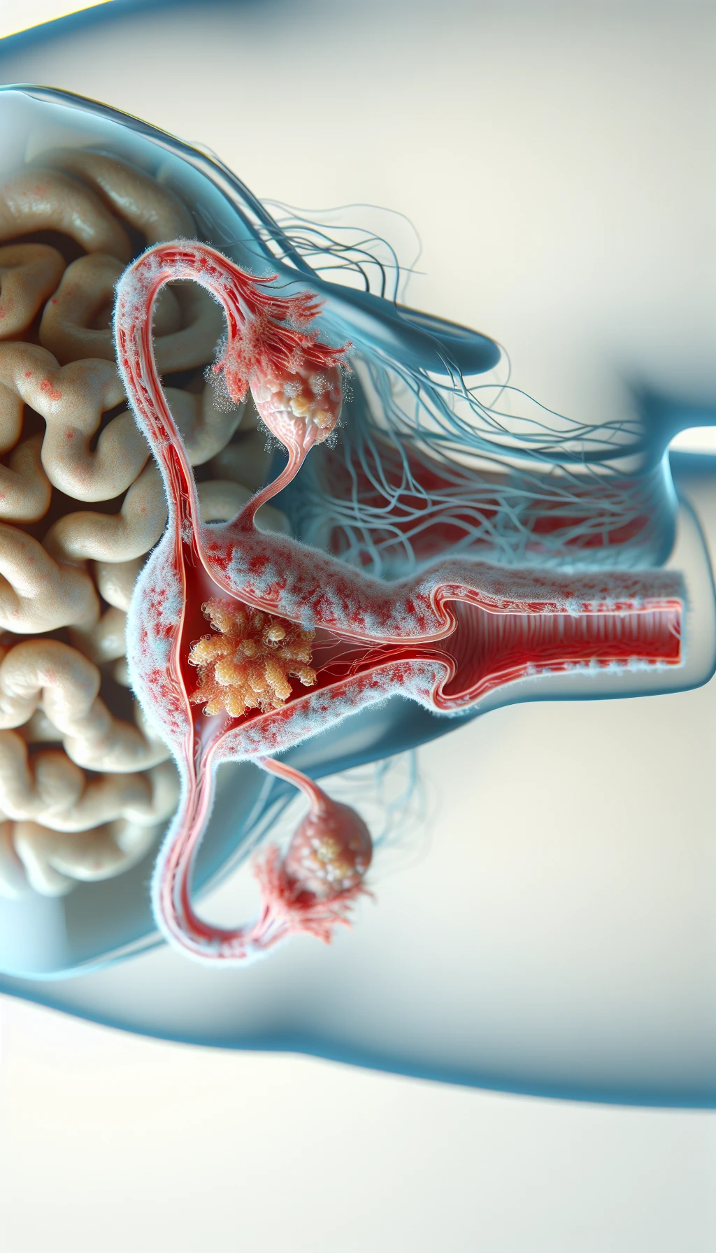 corpo umano anatomico con batteri come la candida nell'utero, sfondo neutro chiaro, iperrealistico 4k emoji