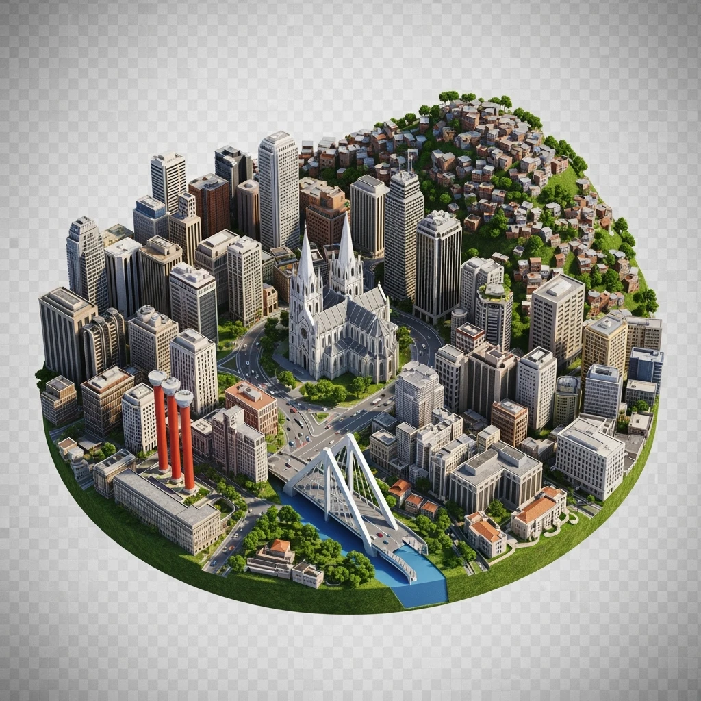 Isometric сircle miniature of São Paulo Catedral da Sé, MASP on red pillars, Octávio Frias Bridge, and Altino Arantes building, favelas on hillsides, dense chaotic urban blocks, and green parks 3D miniature effect and Tilt Shift effect, no cartoonish look, transparent background. emoji