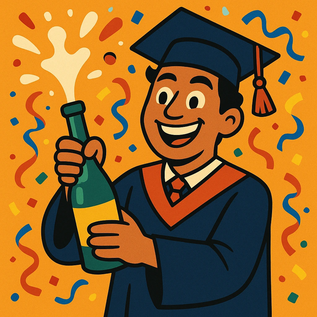 smiling Mexican graduate with a graduation cap, confetti flying, holding a champagne bottle that's popping, lively and fun scene emoji