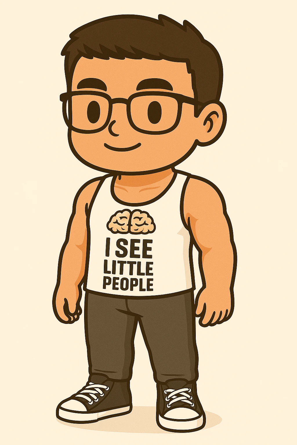 Full body illustration of a young, strong man with short dark hair and glasses, wearing a white gym tank top with the phrase 'I SEE LITTLE PEOPLE', sweatpants, and All Star style sneakers. The style is cute, cartoon, and simplified like chibi stickers, showing the entire body including feet, with bold black lines and soft colors. emoji