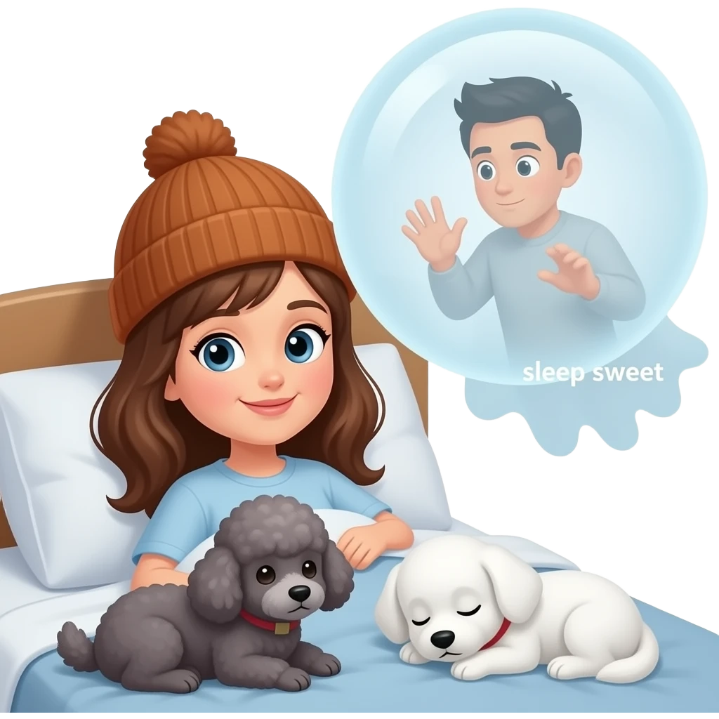 A woman with brown hair and a brown beanie is in bed. Two dogs, one grey poodle, one white dog sleep on the bed. A ghostly apparition of a man with dark hair floats in the air above her in a white bubble. Chat text from the ghostly man reads: "sleep sweet" emoji