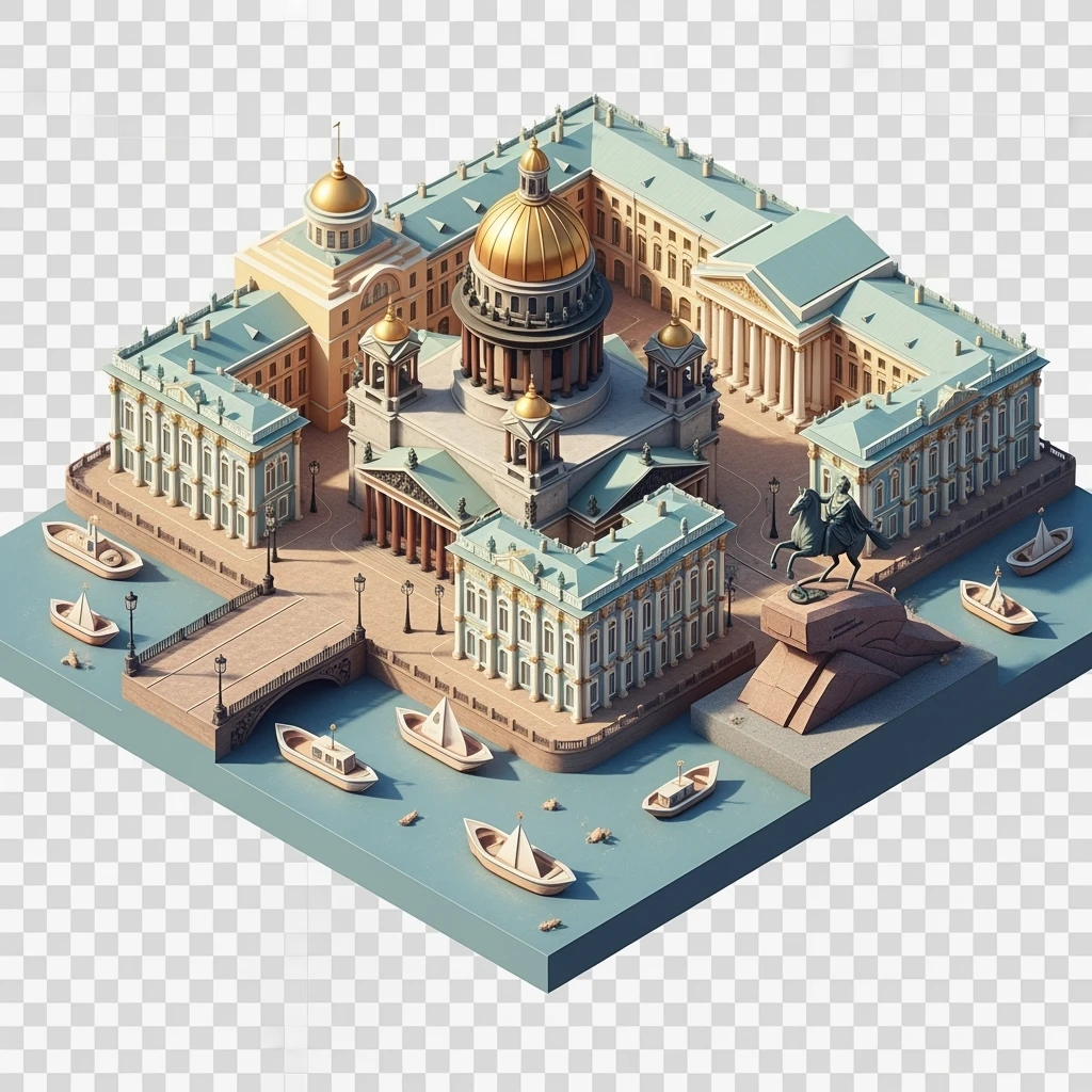 Isometric illustration of Saint Petersburg with the Saint Isaac’s Cathedral, the photorealistic Winter Palace, and the Bronze Horseman statue, toy boats and bridges, in pastel miniature diorama style, transparent background emoji