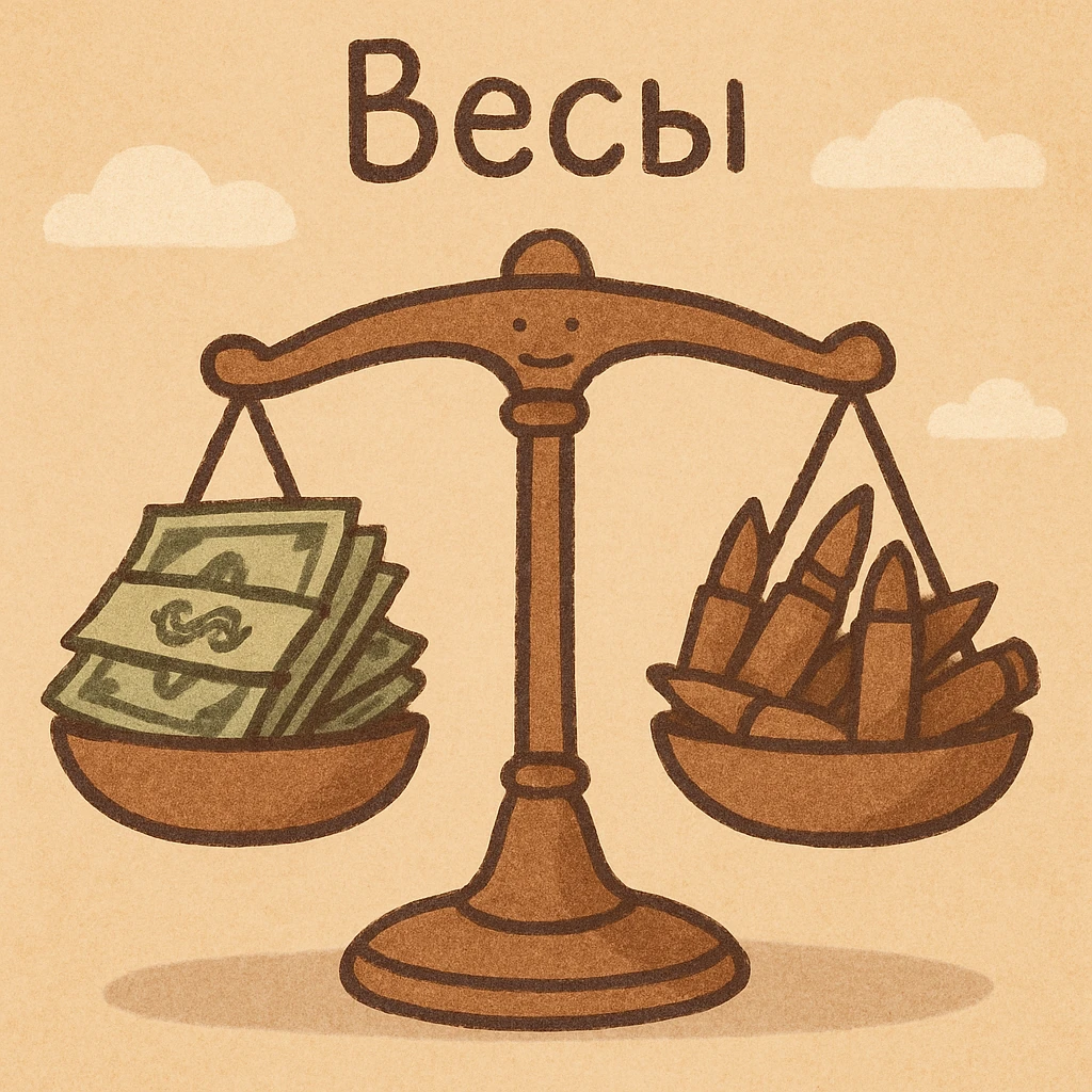 Весы, на одно чаше куча пачек долларов, на другой куча пуль emoji