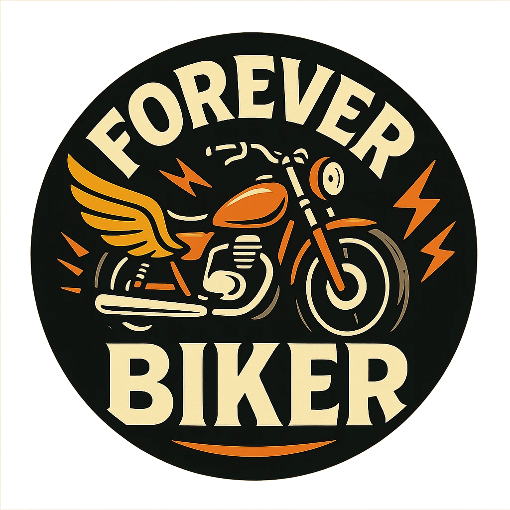 circular transparent background design for motorcycle cap, text 'FOREVER BIKER', motif: wing, motorcycle, lightning, energetic style emoji