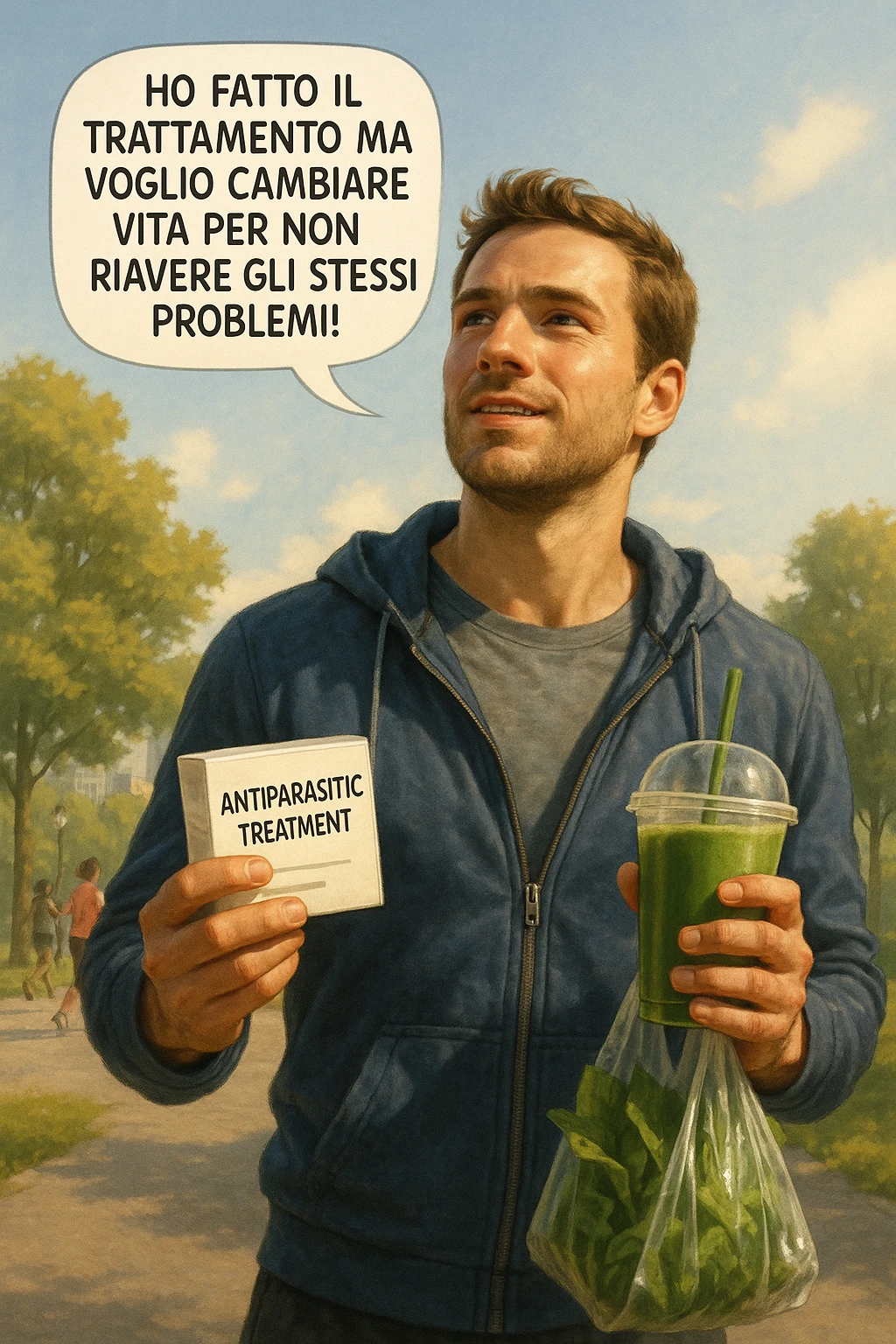 A realistic, cinematic illustration of a man in his early 30s with a determined and hopeful expression, standing outside under a bright morning sky, holding a small box labeled 'Antiparasitic Treatment' in one hand, while in the other hand he holds a fresh green smoothie or a bag of vegetables. A speech bubble near him says: ‘Ho fatto il trattamento ma voglio cambiare vita per non riavere gli stessi problemi!’ The man is wearing casual but clean and sporty clothing, symbolizing a fresh start, with the background showing a city park with green trees, morning light, and people jogging, indicating a healthy lifestyle. The atmosphere is bright, uplifting, and motivating, clearly illustrating the transition from treatment to lifestyle change to prevent future health issues. The style is realistic with warm tones, showing positive energy and commitment to change in italiano emoji