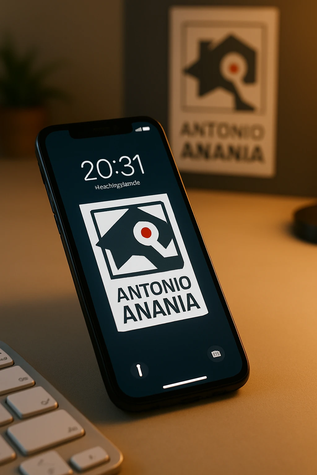A photo of an iPhone with the message "Antonio Anania" on its screen, The phone sits atop a desk with a blurred background that suggests work environment. A faint glow from above casts gentle shadows across the surface of each object, creating depth and highlighting their textures emoji