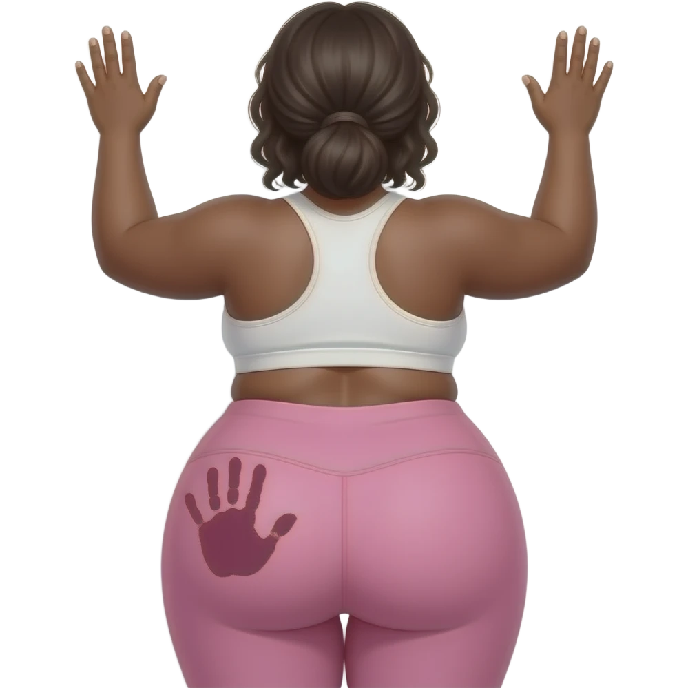 A extremely fat pink and white big booty African showing her yoga pants back her buttocks with putting her hands behind the wall with a dark pink colored hand print on her left buttocks emoji