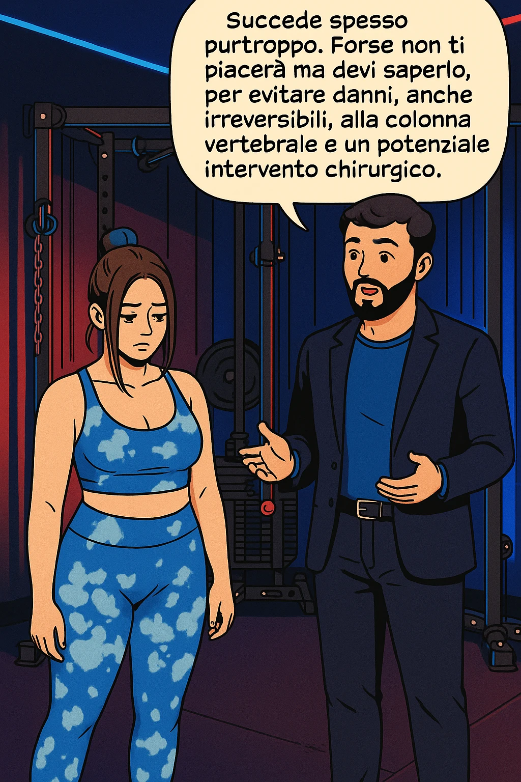 fai questa immagine in versione fumetto/manga/webtoon a colori, il manga mostra l'uomo che risponde alla donne:
Succede spesso purtroppo. 
Forse non ti piacerà ma devi saperlo, per evitare danni, anche irreversibili, alla colonna vertebrale e un potenziale intervento chirurgico. emoji
