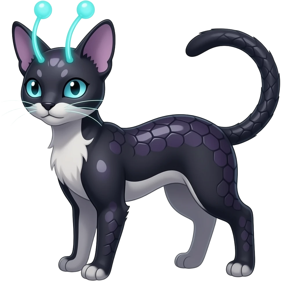 Abyssinian bioluminescent dark, scaly furry oil-blackish oily greyish, purplish, whitish abyss-fantasy-Zorua-Sprigatito-Absol-feline-Fakémon-fusion, with thin neon-glowing bulb-antennae-whiskers, full body emoji