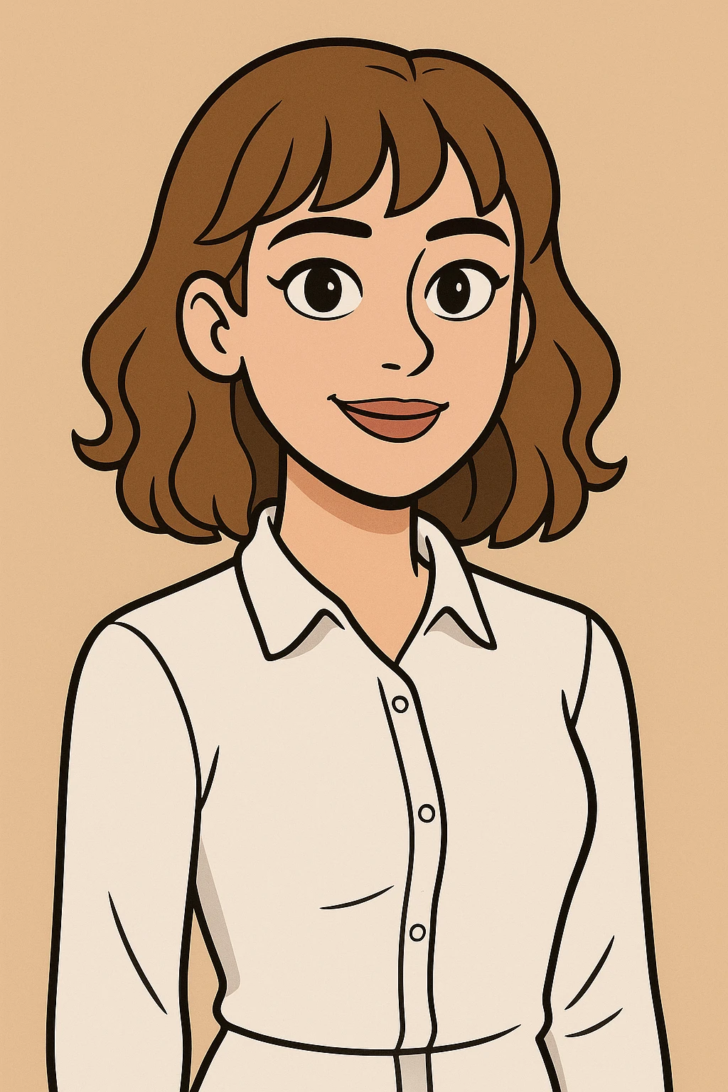 cartoon-style AI avatar, 22-year-old woman, brown eyes, light brown shoulder-length hair with soft curls and bangs, light makeup, white dress shirt emoji