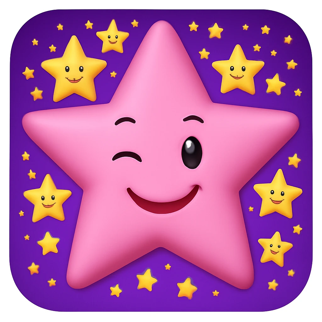 Make the pink star look even cuter with a winking face. Remove any faces from the yellow stars. Keep the purple background as is. emoji
