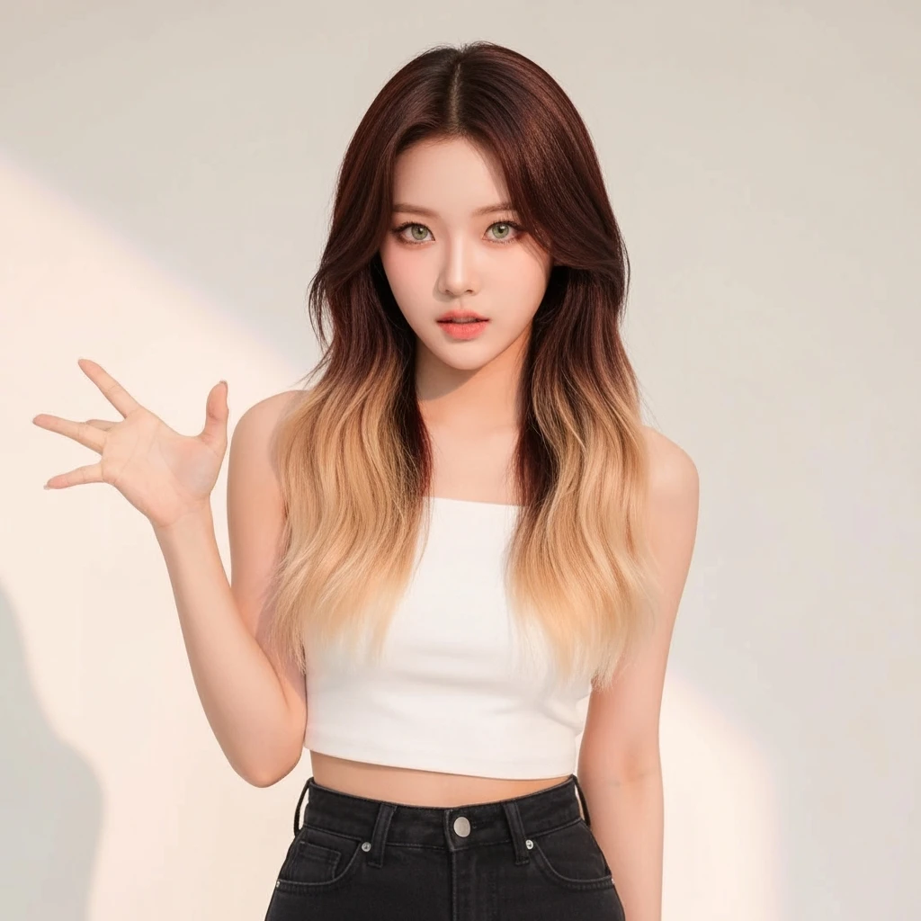 kpop girl with ombre hair, cute, expressive, minimal emoji
