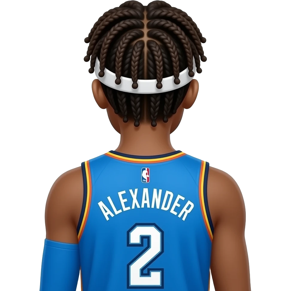 sga in a okc thunder ujersey from the back with his jersey having the number 2 on the back and make him have bubble braids going under a white headband in the back no bow in the headband and make the braids shorter last name on the back Alexander emoji