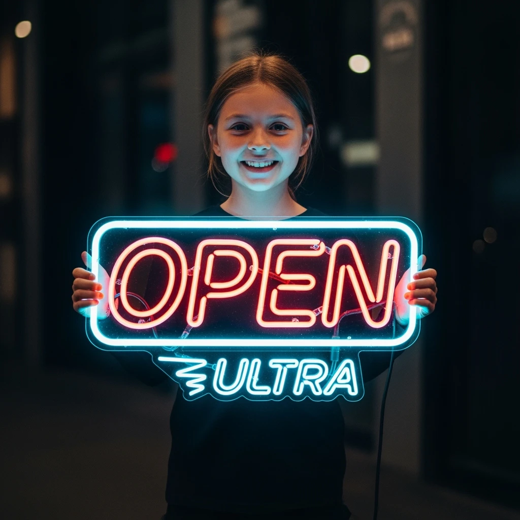 make a girl holding this sign, but sign in made of neon, also add ultra below the sign emoji