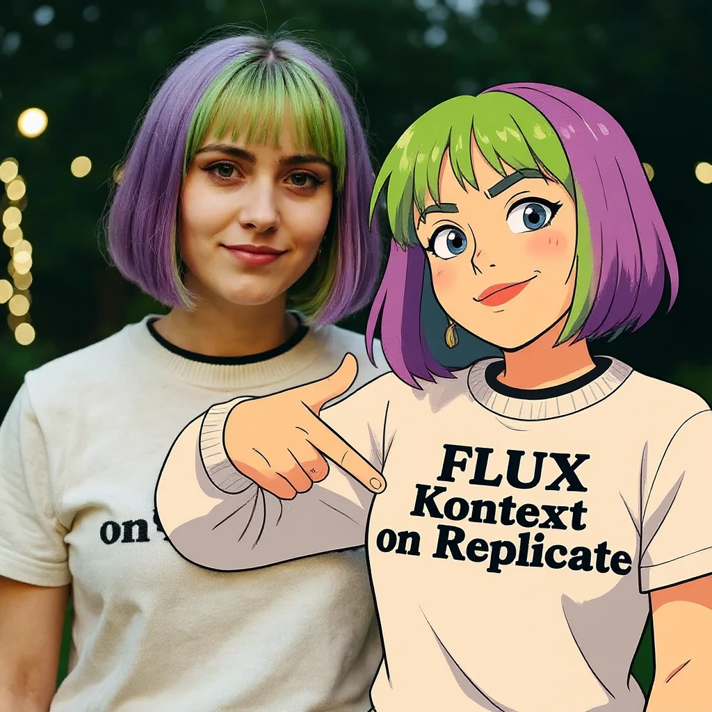make a image of a girl with a anime version of that girl beside her wearing tshirt with text of just "FLUX Kontext" nothing else emoji