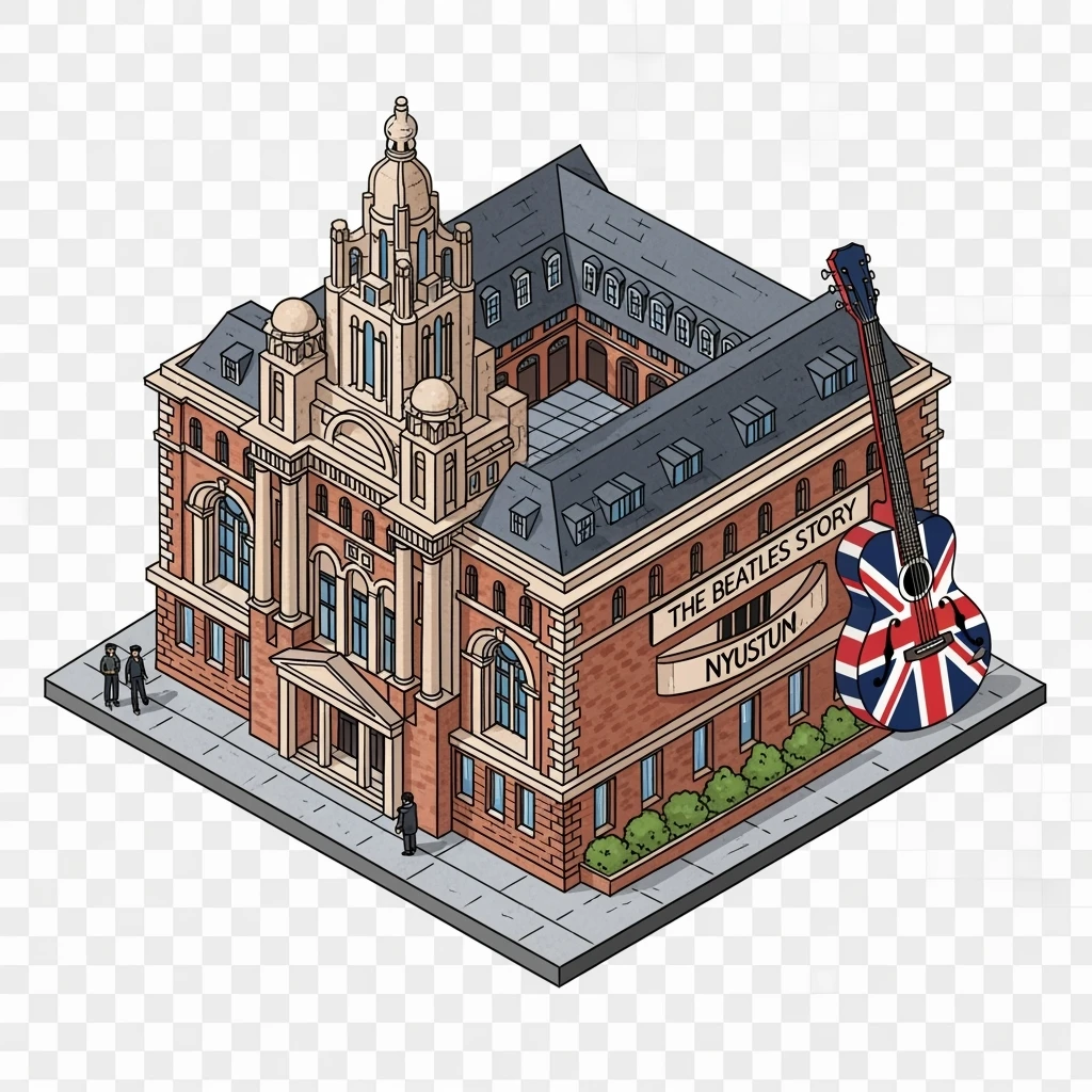 Isometric illustration of Liverpool photorealistic The Beatles Story museum, a Union Jack guitar and brick building in a miniature, slightly hand-drawn style, balanced between stylized and realistic, no cartoonish look, transparent background. emoji