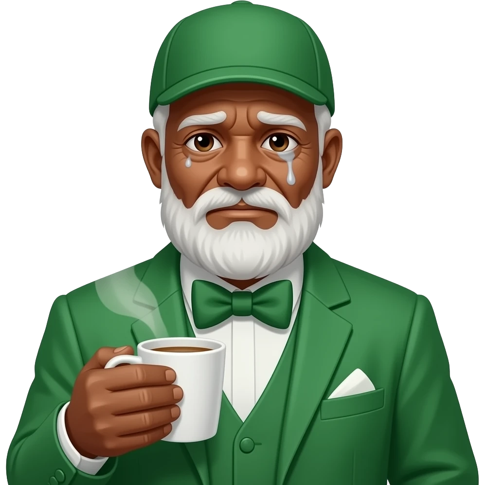 sick old black man in green outfit holding hot drink, looks more sick face emoji