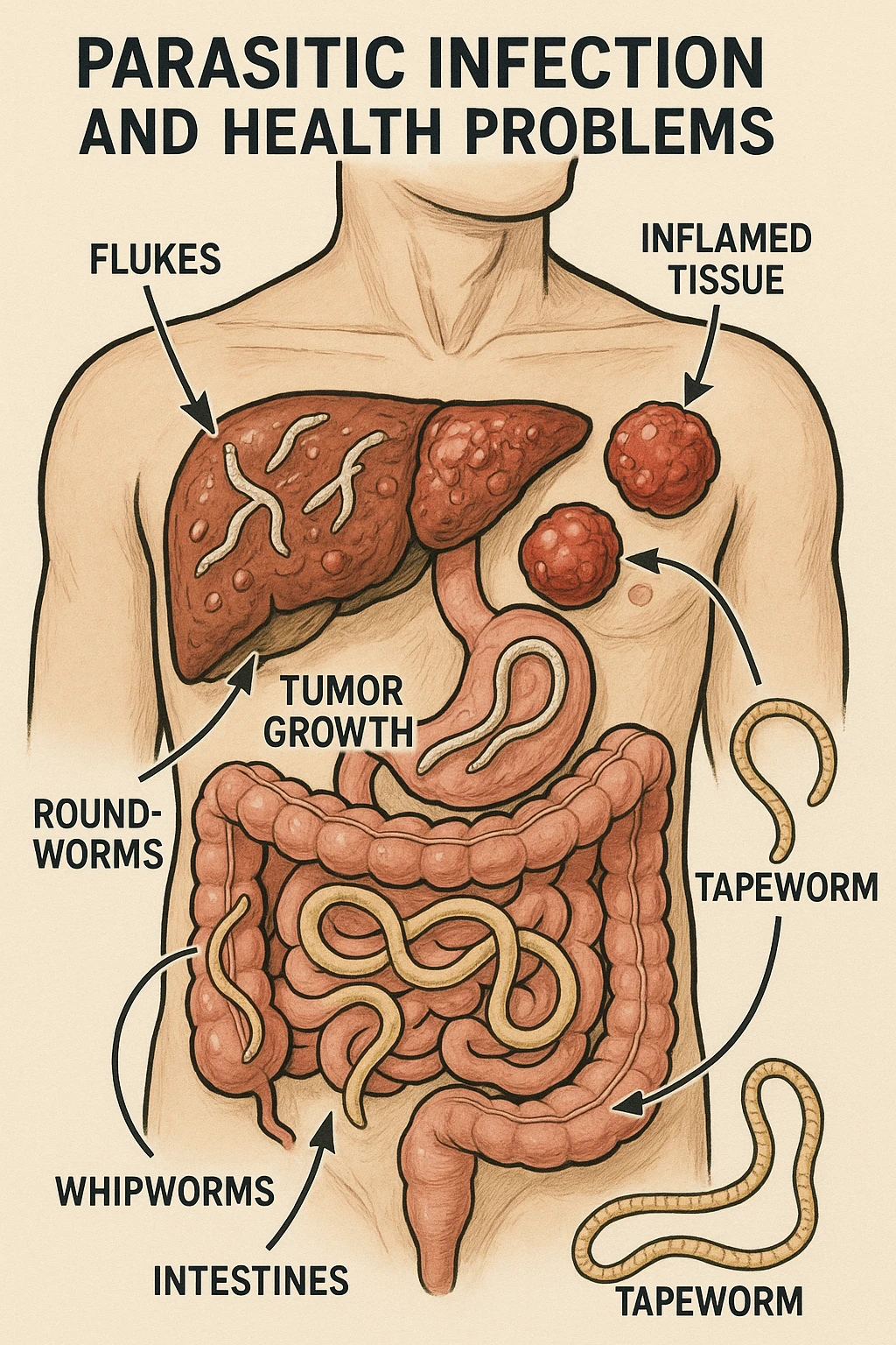 a cross-section of a man’s torso displays various types of parasites embedded in the liver, intestines, and other organs. Tumor growths and inflamed tissues are clearly depicted, with arrows or labels explaining the link between parasitic infection and health problems. The mood is cautionary and informative. in italiano emoji