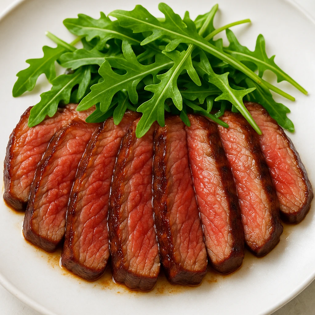 juicy beef steak slices arranged on a plate, topped with arugula, vibrant colors emoji