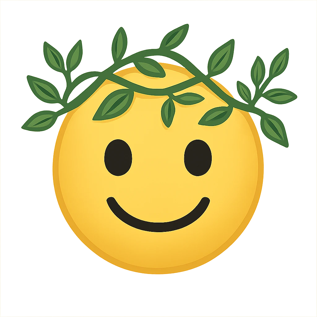 yellow face with vine crown, nature theme, digital illustration emoji