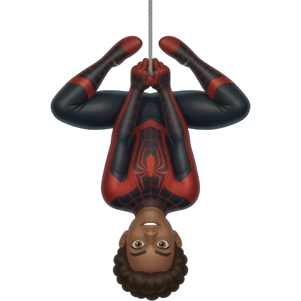 Spiderman miles morales wearing his mask in his black and red suit hanging upside-down holding the web string with both hands emoji
