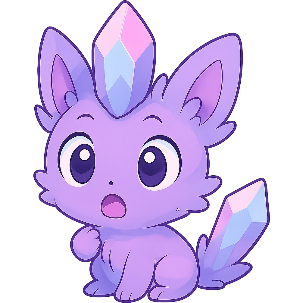 Create a chibi kawaii crystal sprite creature with a crystal tail in pastel purple, blue, and pink colors. The creature should have a surprised and wide-eyed expression. Remove the background. emoji