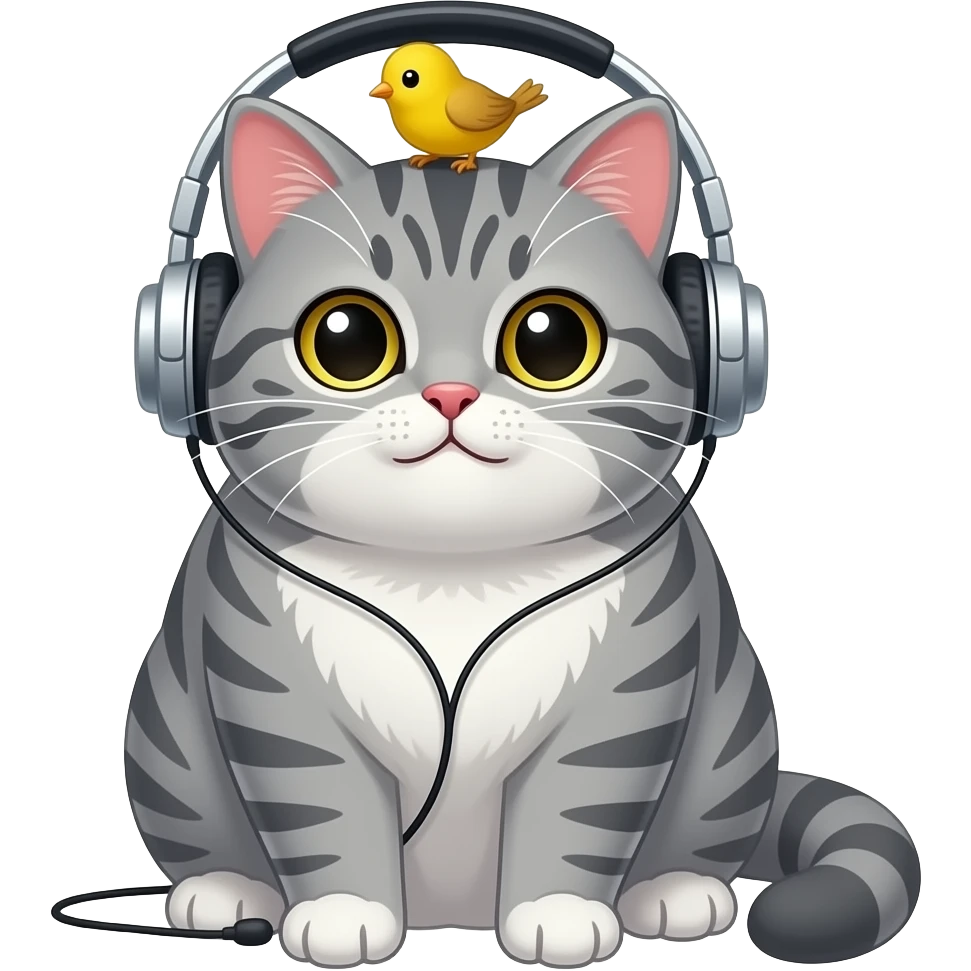 a cute loveable fat gray tabby cat with a small yellow bird on his head, listening to music in earphones. the image must be a transparent .png. no light or dark border or outer glow or stroke around the image contour emoji