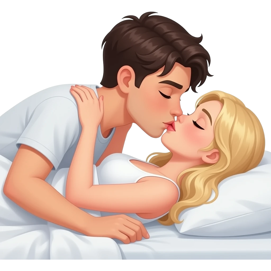 que el chico sea blanco y pelo morocho besandose haciendo el amor muy fuerte en la cama com una chica rubia blanca emoji