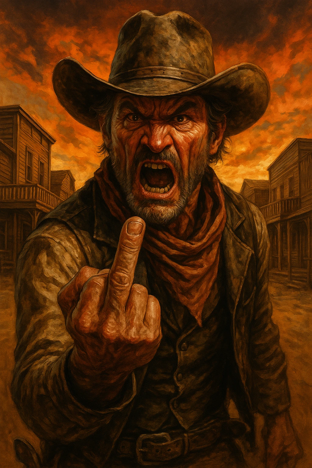 angry cowboy giving the middle finger, expressive and detailed emoji