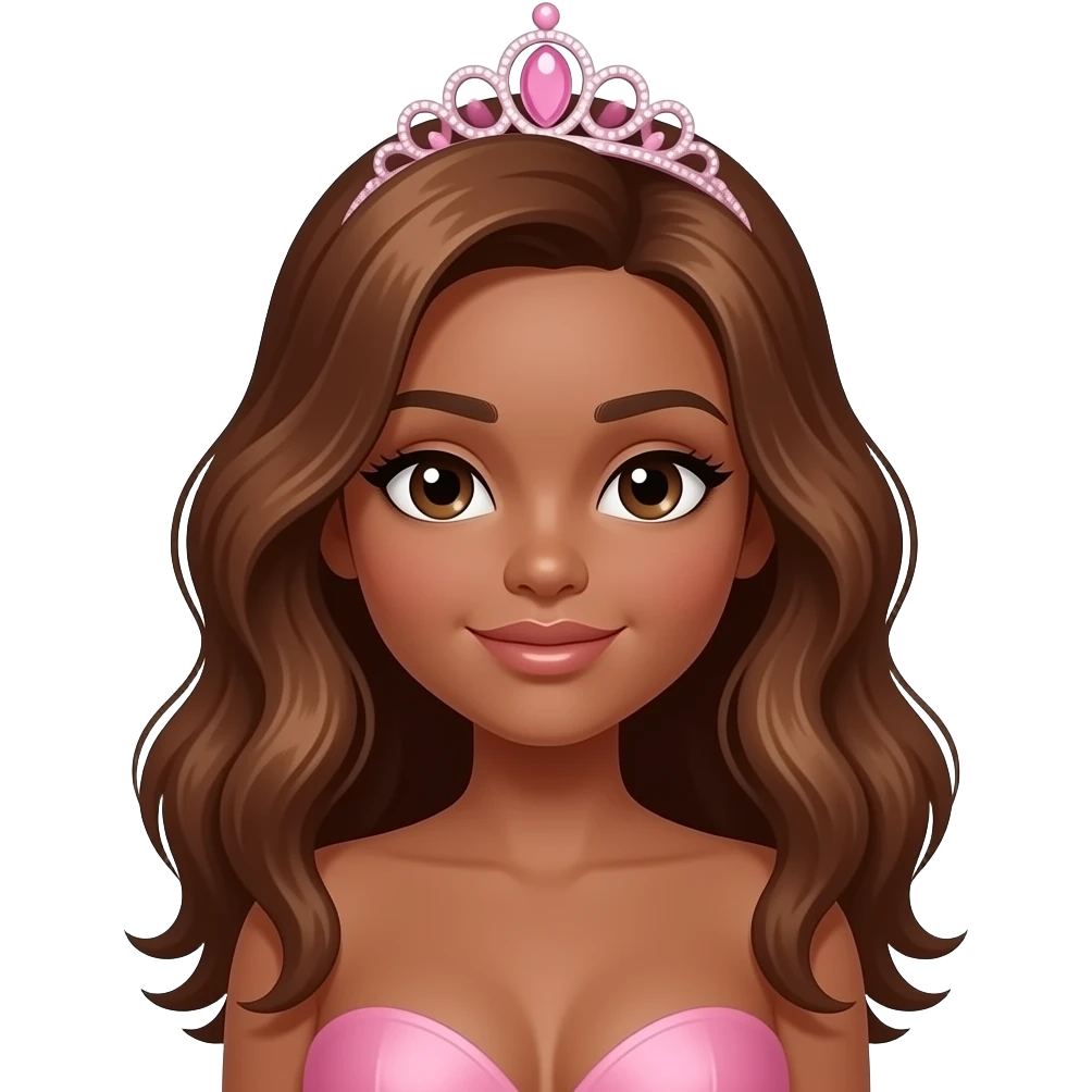 hair with pink tiara, Dark brown eyebrows,Dark brown skin, Doll shaped face, doll eyes, wavy with side part longer straightened auburn  hair with dark brown highlights, big breast no bra emoji