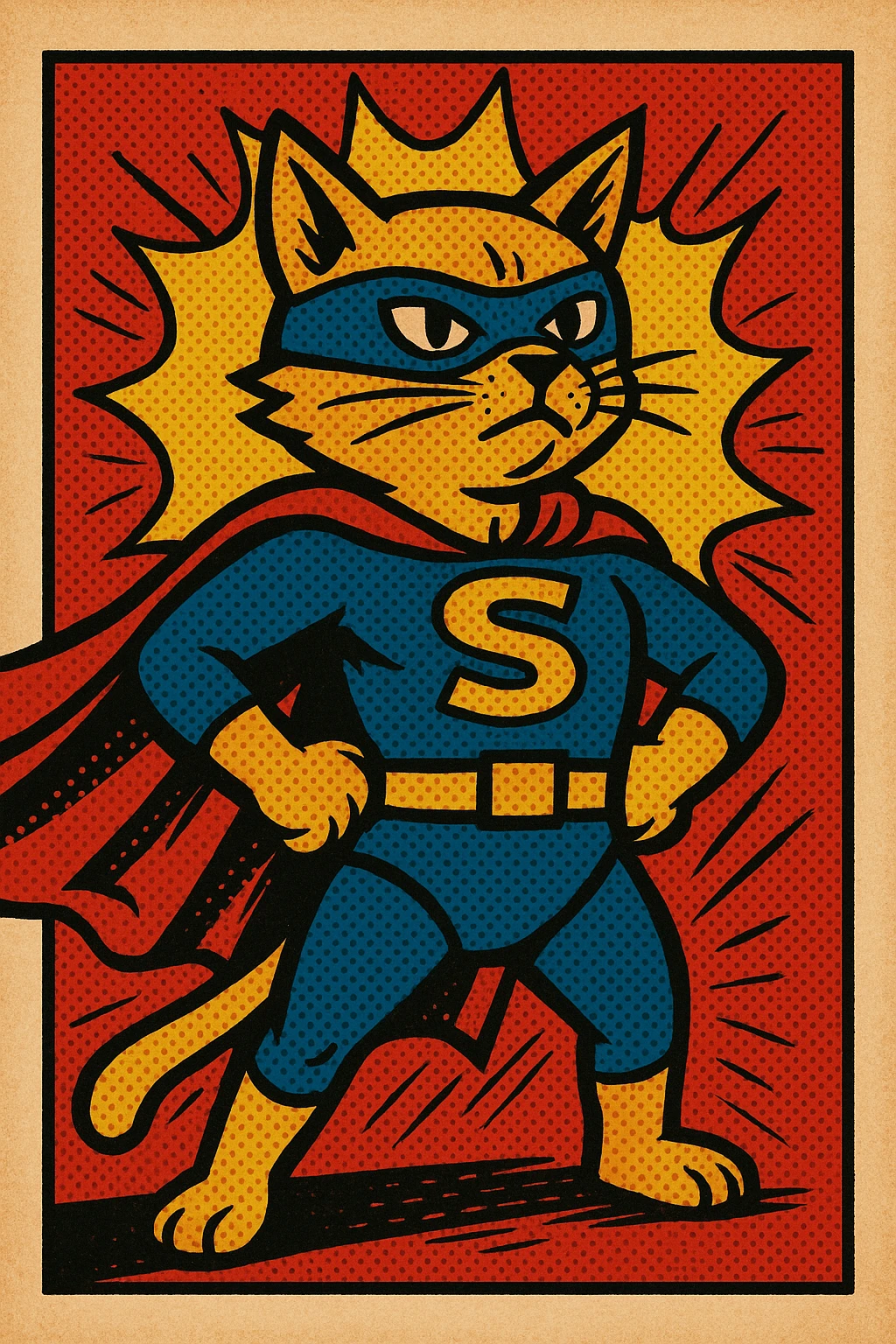 super cat in heroic pose with cape and mask, bold colors, comic style emoji