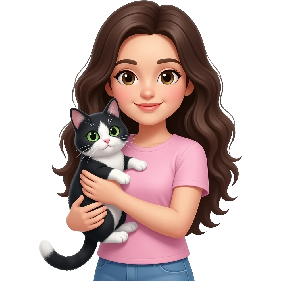 Crie um emoji de IOS. Eu tenho cabelos ondulados longos castanhos escuros, estou usando uma camiseta rosa claro e estou abraçando meu gato preto e branco de olhos verdes. Eu tenho olhos castanhos emoji
