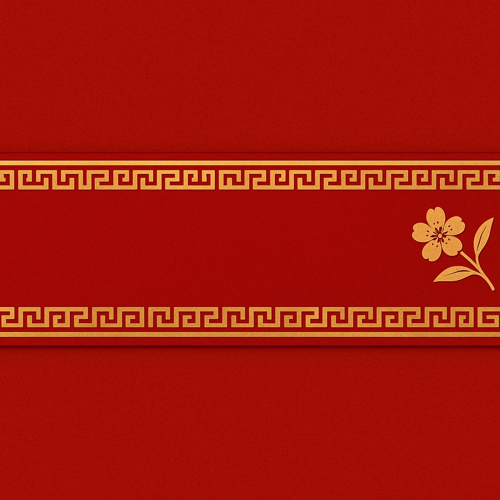 eastern style plaque for post signature, ultra long horizontal rectangle 1200x100px, only red and gold colors, with traditional Chinese pattern, minimal peach blossom accent, no text emoji