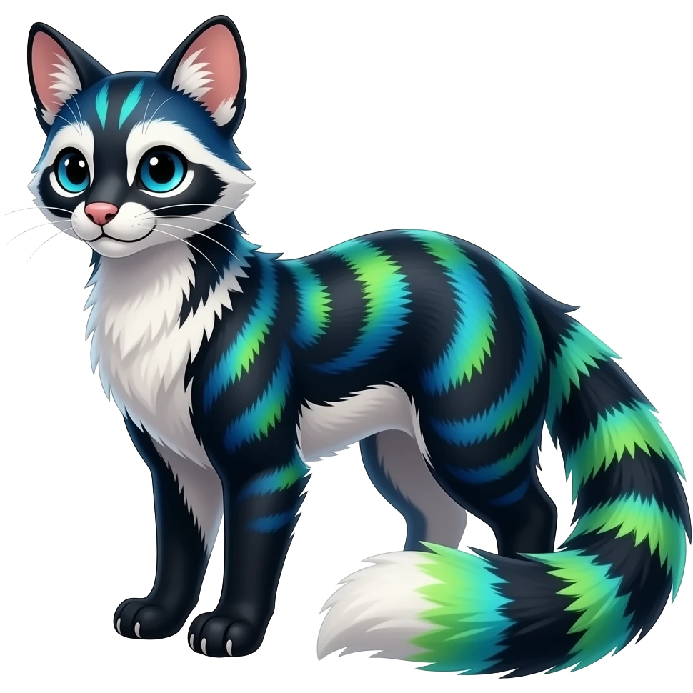 Colorful shiny realistic silky smooth glossy tropical thin exotic beautiful lanky gradient-colored cobalt-blue-obsidian-black-neon-green-gradients, with white underside, iridescent glorious civet-genet-Cacomistle-oncilla-animal-hybrid-fursona with pattern markings (full body) emoji