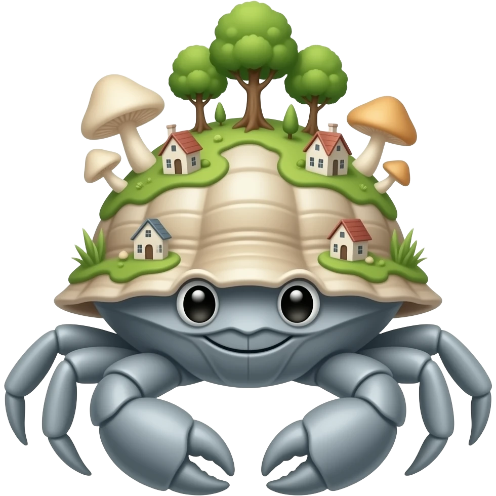 A Gray crab with houses on top of its shell in trees on it and also with mushrooms on it emoji