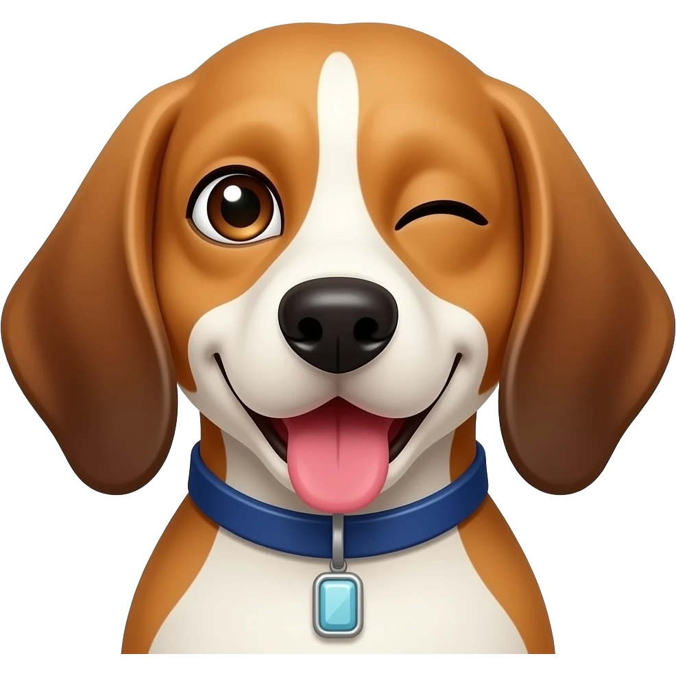 silly beagle dog, looking at the camera, eyes looking at different ways, cross-eyed, tongue out and smiling with closed mouth, blue collar, white rectangle stone as a collar pendant emoji
