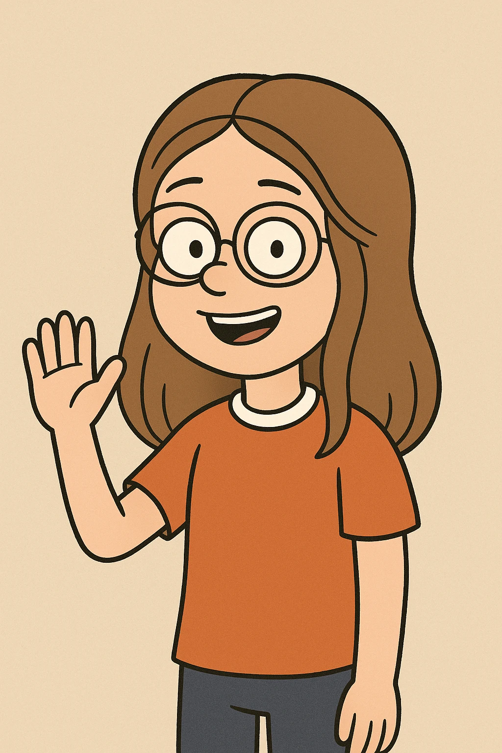 Little girl Gloria Steinem red Orange white shirt a hand hello  emoji