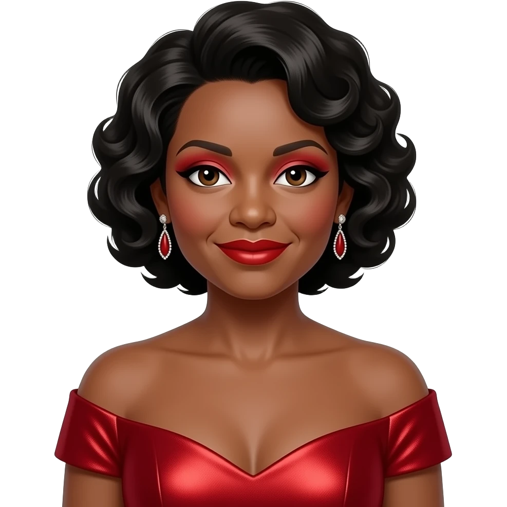 Marian Anderson with dark brown eyes, black 40s soft curled bob hair, red eyeshadow, red lipstick, red metallic off shoulder dress, earrings emoji