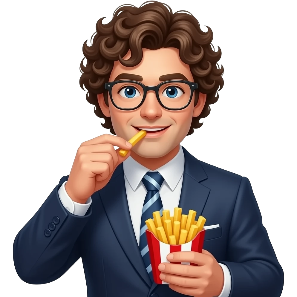 curly hair man with suit with specs eating french fries emoji