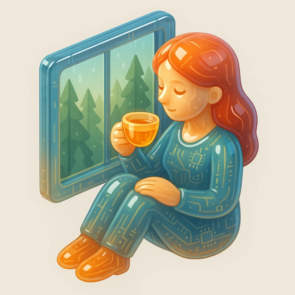 A woman enjoying tea by a window with a forest view emoji