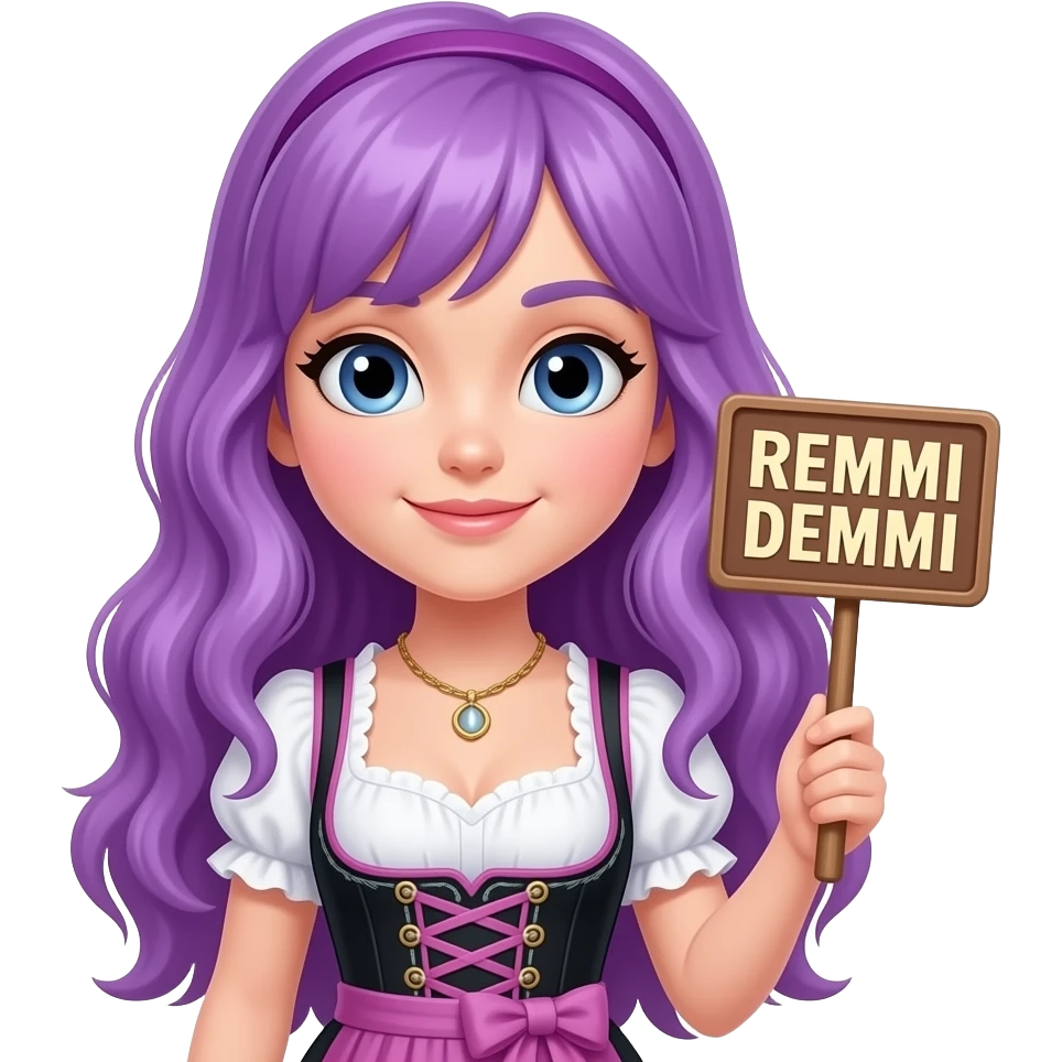 girl with long purple hair wearing a dirndl holding a REMMI DEMMI sign emoji