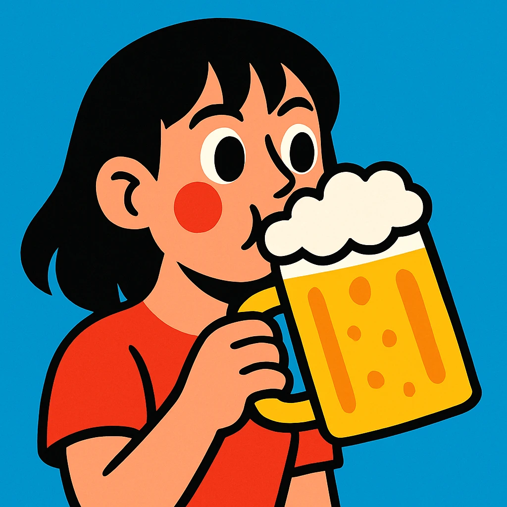 black haired girl drinking beer, vibrant cartoon style emoji