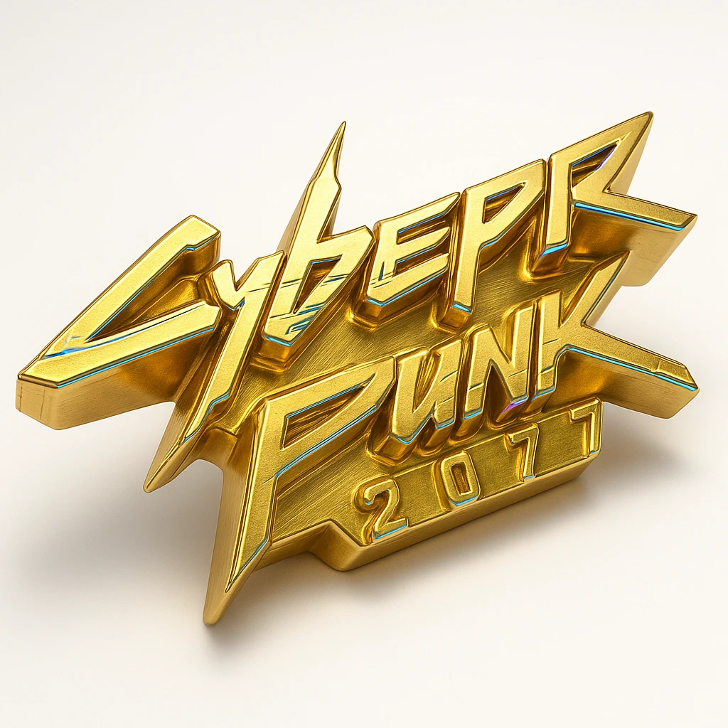 cyberpunk 2077 logo, metallic gold with neon blue and pink highlights, futuristic font emoji