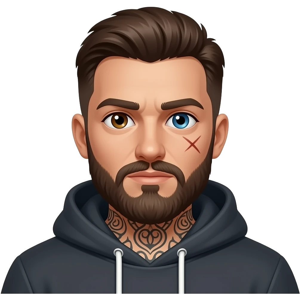 Guy, beard, tattoos, hoodie, left eye dark brown, right eye light blue, scar across the right eye emoji