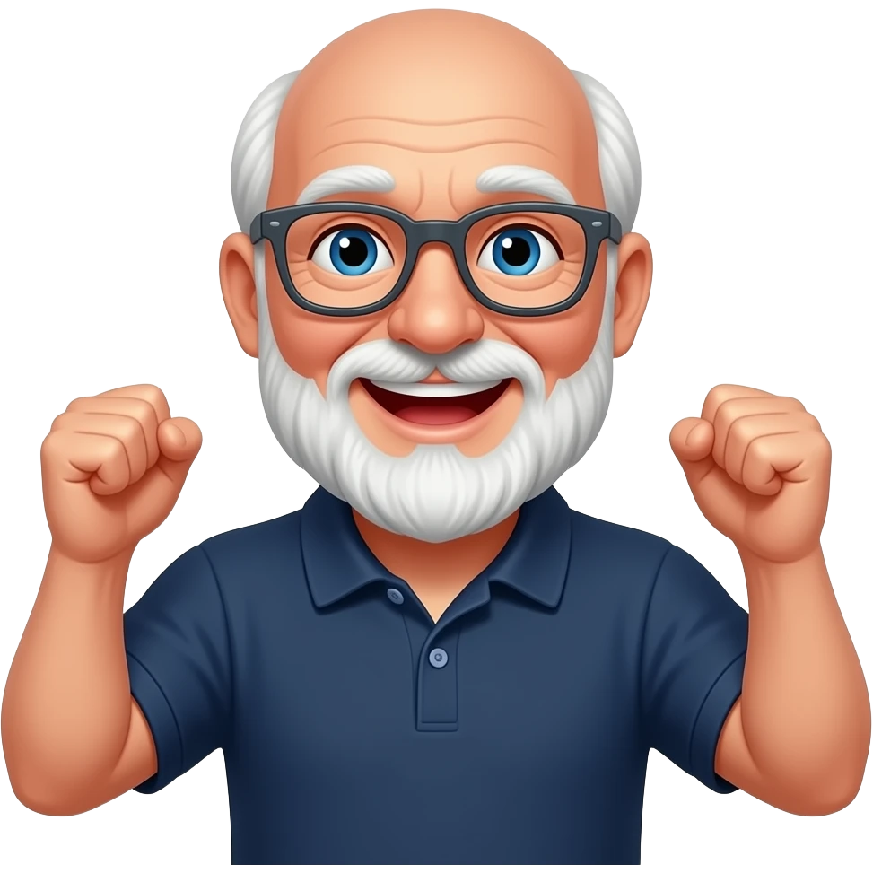 skinny old bald man with white beard with red tint, blue eyes, dark gray glasses, hands up cheering, navy polo shirt, smiling emoji