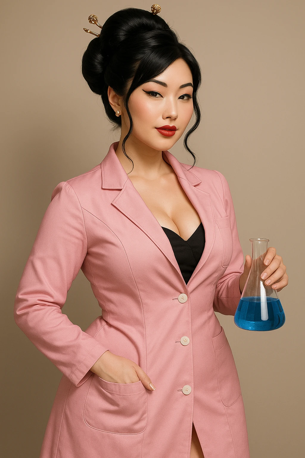 A beautiful white woman in Asian-inspired style, slightly curvy and sexy, with black hair, wearing a pink lab coat. emoji